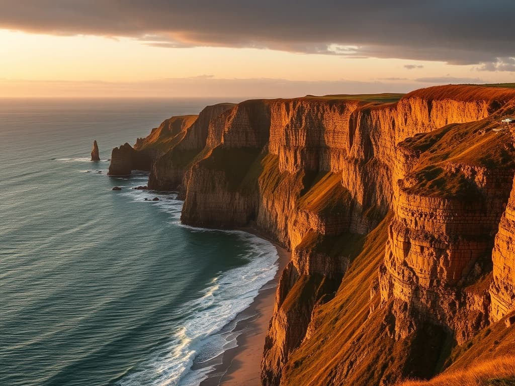 Côte bretonne à l'heure dorée, falaises et océan.