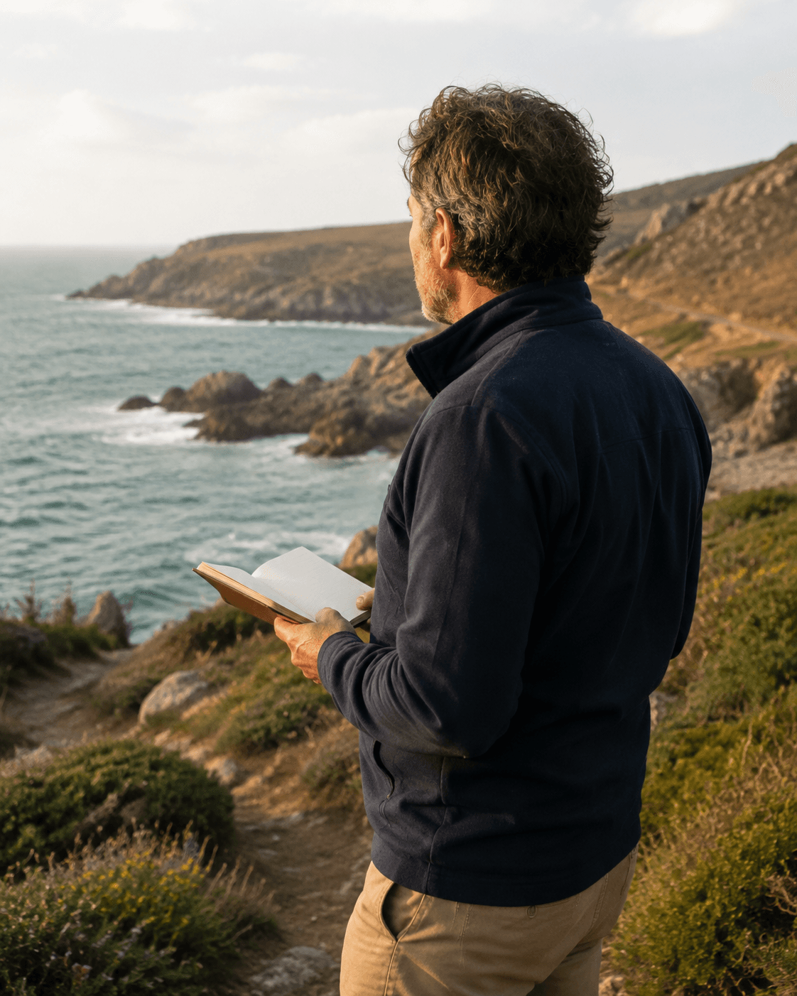 Personne sur le littoral breton, carnet à la main