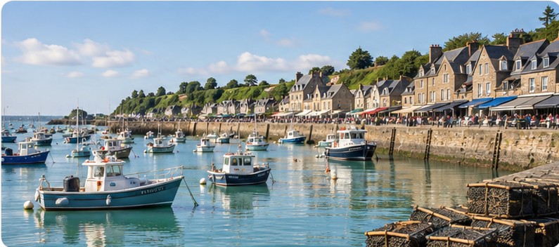 Port de Cancale avec bateaux de pêche et quais